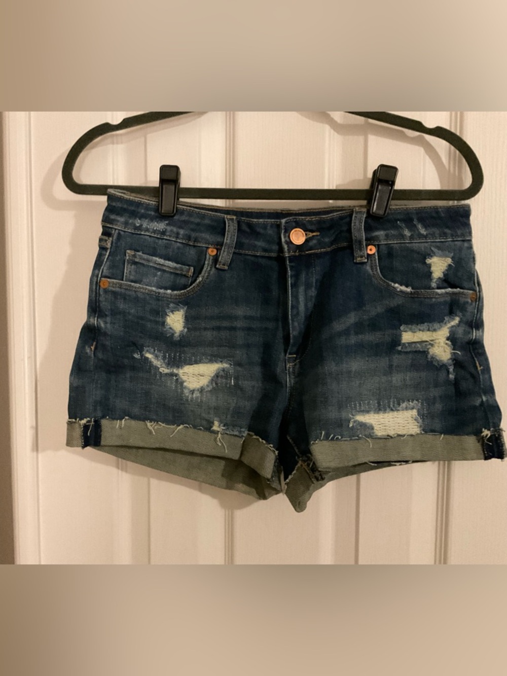 Distressed Dark Blue Denim Shorts - Womens